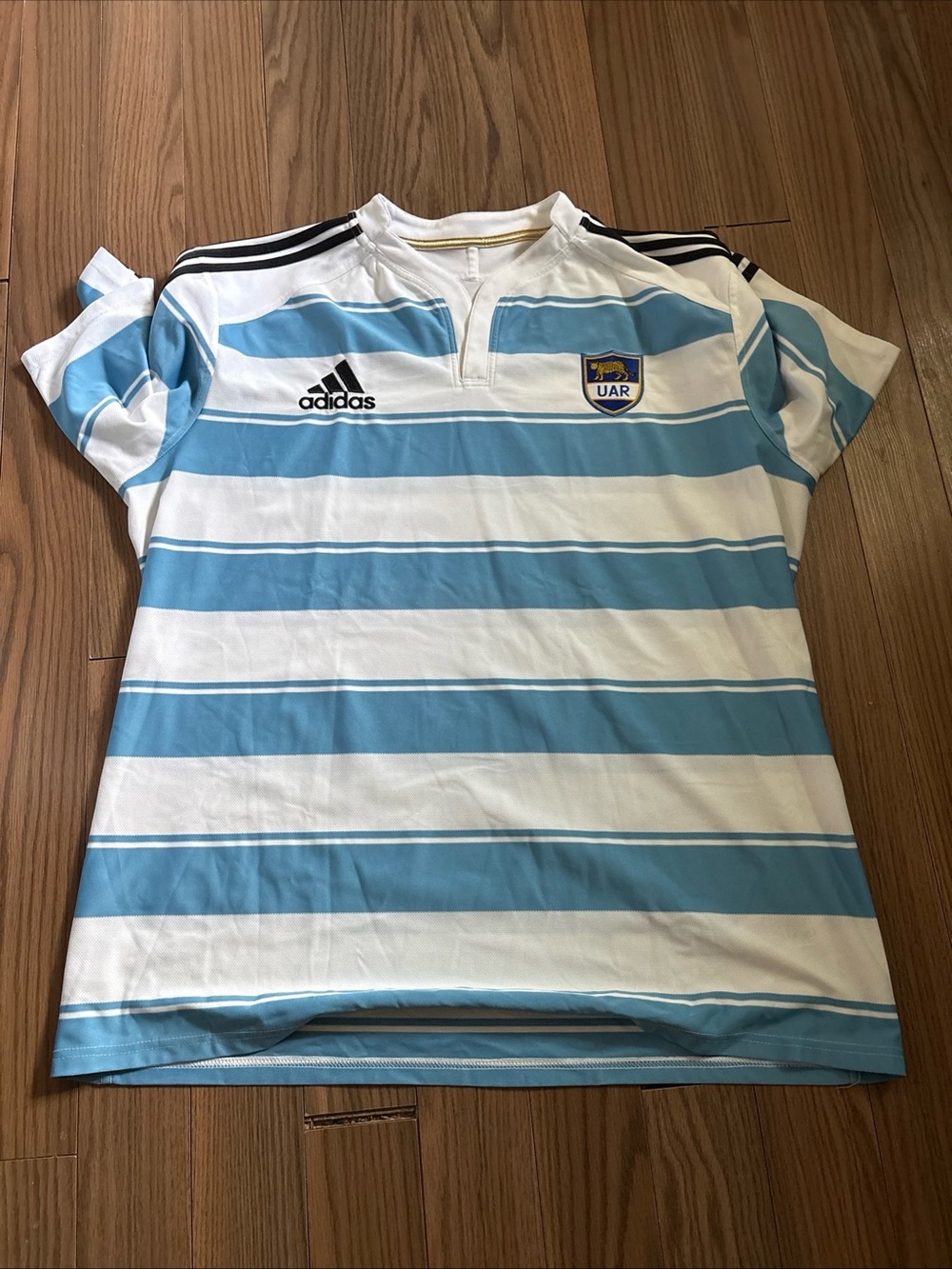 adidas White & Light Blue Striped Rugby Shirt with UAR Crest